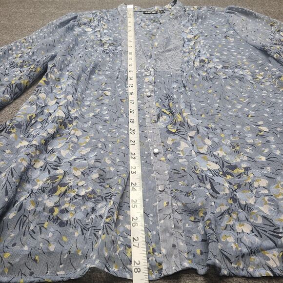 APT 9 Shirt Womens XL Blue Floral Button Front Lace Trim Sheer Blouse Top - Picture 4 of 10